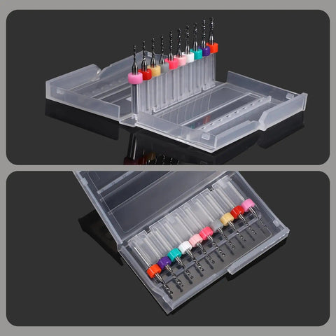 40 Pc PCB Drill Bit Set From 0.1mm To 3.0mm Micro Drill Bits With Spiral Flute Carbide For PCB Engraving CNC Jewelry Metal Stone Crafting Includes Two Boxes 0.1 To 1.0mm One Box 1.1 To 2.0mm And One Box 2.1 To 3.0mm in open display with color-coded holders.