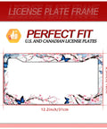 Cherry Blossom Butterfly License Plate Frame In Stainless Steel Dope Flower Car Decor, showing dimensions and fit for US and Canada plates.