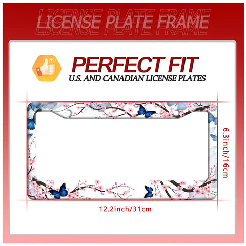 Cherry Blossom Butterfly License Plate Frame In Stainless Steel Dope Flower Car Decor, showing dimensions and fit for US and Canada plates.