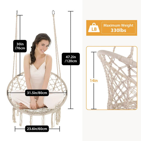 Woman sitting on Cozy Hammock Chair Set Of 2 Macrame Swing Chairs With Tassels Bohemian Style Handwoven Cotton Rope Indoor Outdoor Beige