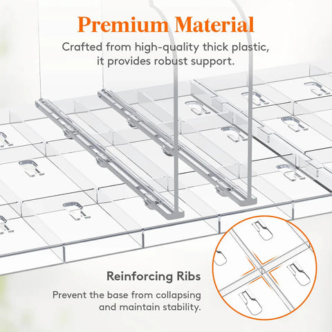 Close-up of purse organizer for closet clear handbag storage organizer with adjustable dividers showing reinforcing ribs for stability.