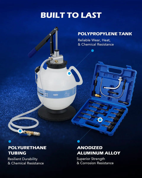 2 Gallon Transmission Fluid Transfer Pump Kit With 15 ATF Adapters For Easy Auto Transmission Fluid Refills At Home Or Shop Garage Ready Long Lever Manual Pump Built Tough Wide Compatibility With Most ATF Systems, polypropylene tank, polyurethane tubing, aluminum alloy adapters