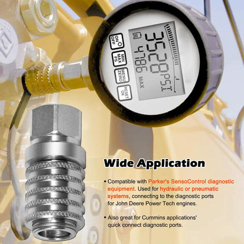 Steel Hydraulic Test Port Quick Connect Coupler installed on a system with gauge reading pressure, Parker SensoControl compatible.