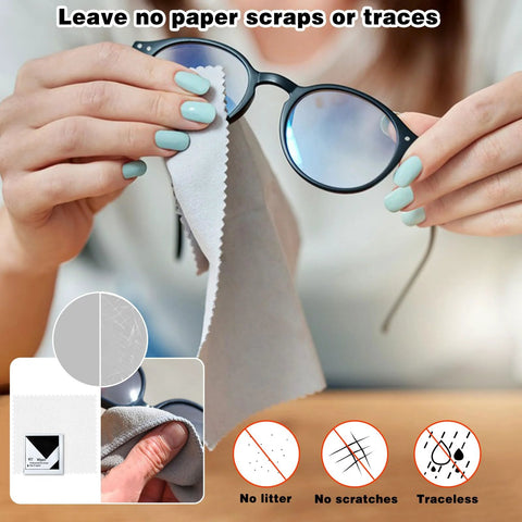 Eyeglass lens cleaning wipes, individually wrapped, with six microfiber cloths; person wiping glasses.