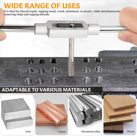 Heavy Duty 8 Piece Metric Thread Taps Set With Adjustable Tap Wrench High Speed Steel M3 Through M12 using on aluminum and wood.