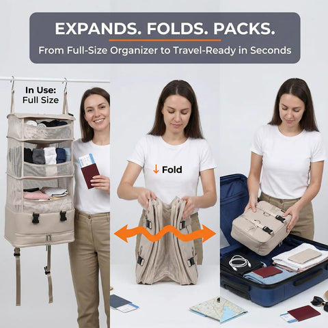 Travel Hanging Shelf Bag With 5 Tier Packing Cube Organizer Portable Folding Closet Storage Bag with mesh, folding into suitcase.