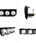 Front view of 3-in-1 52mm automotive gauge kit with black console for 12V cars; volt, water temp, and oil pressure gauges.