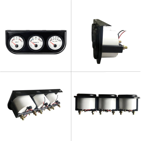 Front view of 3-in-1 52mm automotive gauge kit with black console for 12V cars; volt, water temp, and oil pressure gauges.