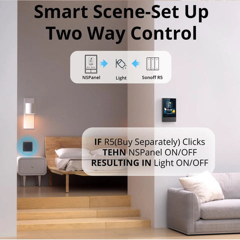 Living room with NSPanel Smart Switch 2-Switch Touchscreen Control Hub for flexible setup on wall, enhancing scene modes.