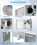 Product details of Outdoor Electrical Box With Built In Thermostat And Fan For Easy Temperature Control, showing ABS enclosure, fan, gasket, grille, joint, and buckle.