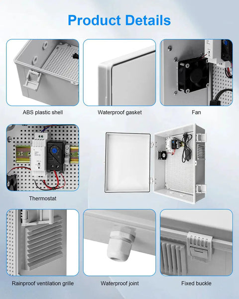 Product details of Outdoor Electrical Box With Built In Thermostat And Fan For Easy Temperature Control, showing ABS enclosure, fan, gasket, grille, joint, and buckle.