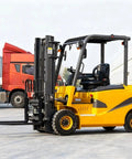 Heavy Duty Industrial Electric Forklift With Precision Steering, 4-Way Counterbalance Pallet Stacker parked near trucks.