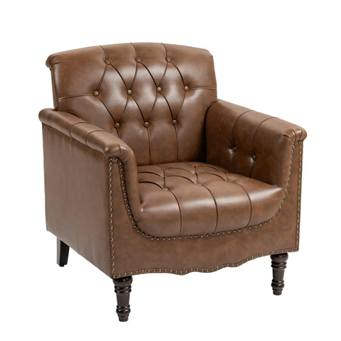 Faux Leather Accent Chairs Set Of 2 For Living Room And Bedroom - Comfy Club Armchairs With Button Tufting, Brown Upholstery
