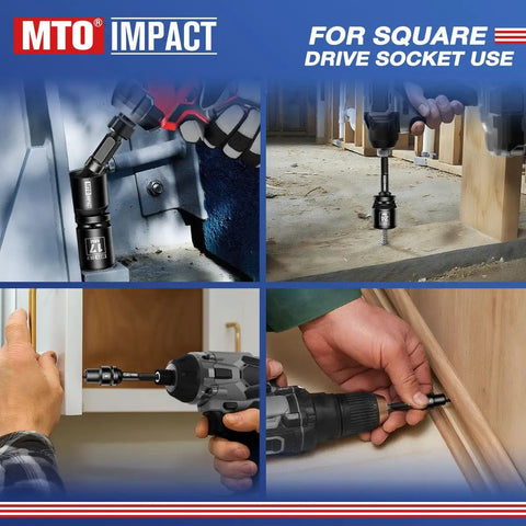 9 Piece Impact Drill Socket Adapter Set With Universal Joint Adapters, 1/4 Inch Hex Shank Wrench Adapters in use.