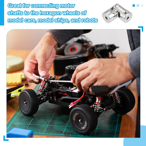 Person using rotatable universal steering shaft on model car for DIY projects and hobby builds with M4 screws visible