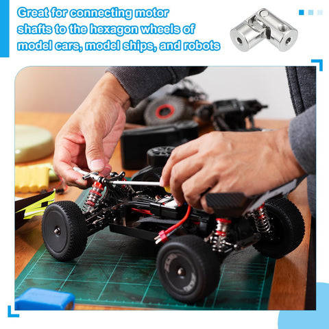 Hobbyist assembling model car using Rotatable Universal Steering Shaft 2mm To 3mm Inner Diameter U Joint Coupling Kit with 2 joints and screws
