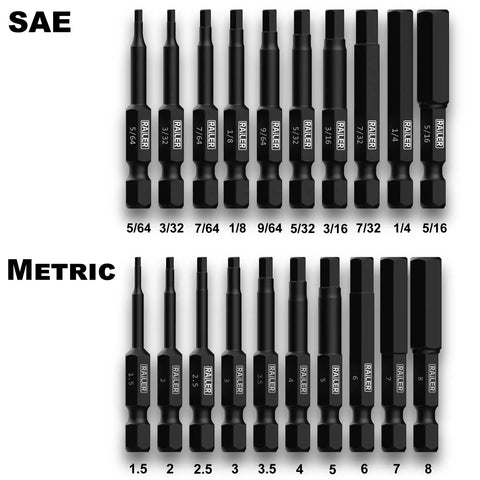 20 Piece Hex Bit Set With SAE And Metric Sizes For Impact Driver And Furniture arranged in two rows