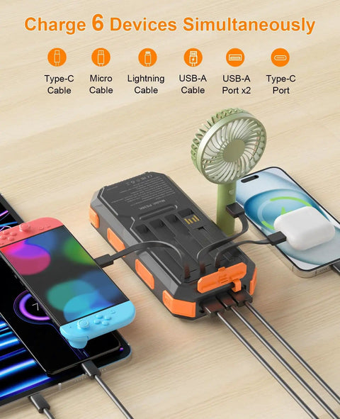 Portable Solar Power Bank 38800mAh With PD 22.5W USB C Fast Charging Four Built In Cables Dual LED Emergency Flashlights connected to devices