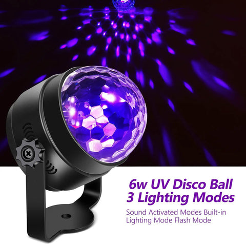 Black Light UV Disco Ball LED Party Light 6W Sound Activated With Remote Control emitting purple lights in dark room