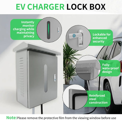 Slick Outdoor EV Charger Lock Box With Viewable Window For Tesla Wall Connector and Most Electric Cars heavy duty weatherproof housing, secure lockable design.