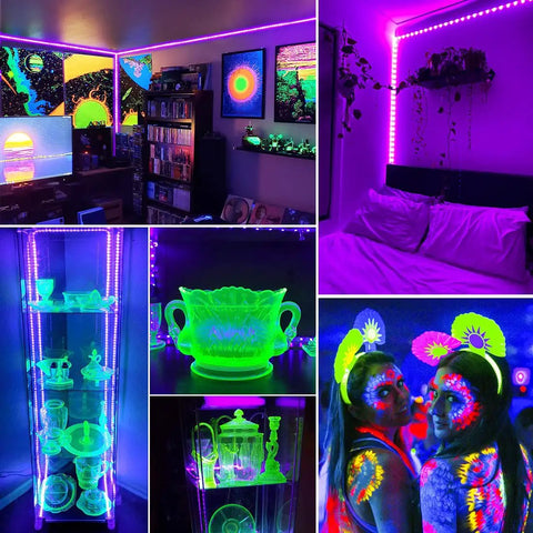 16.4Ft Black Light Strip Kit With USB Plug And Battery Box Two 8.2Ft Strips 300LEDs illuminating room and decorations