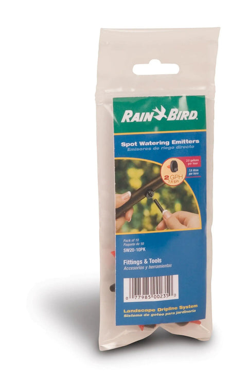 Low-Flow 1 GPH Drip Emitter Set packaging with 10 emitters for precise spot watering, self-piercing, pressure-compensating drippers.