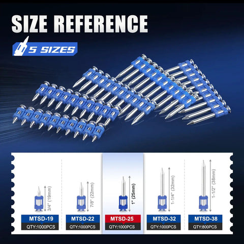 Size reference for 1 Inch Plastic Collated Concrete Pins 1000 Pack 12 Gauge Made For Tough As Nails Masonry Fastening With Galvanized Finish And Strong No 60 Steel Core For Superior Durability In Harsh Worksites, 5 sizes shown