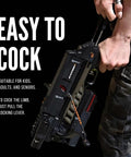 Person cocking AR-6 Stinger II Compact 6-Shot Repeating Crossbow Black for stealth hunting and tactical use, quick reload.