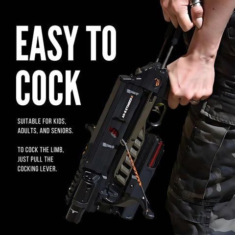 Person cocking AR-6 Stinger II Compact 6-Shot Repeating Crossbow Black for stealth hunting and tactical use, quick reload.