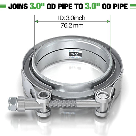 3 Inch V Band Exhaust Clamp Kit With Male And Female Piping, Beefy SS304 Stainless Steel, easy-install design, close-up view
