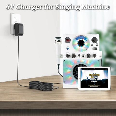 5.8V Replacement Beefy Charger For Karaoke Machine Power Adapter Compatible With SML385 SML625BTBK IN-385W IN-385 BT And More Lightweight Charging Cord For Portable Karaoke Systems connected to karaoke setup