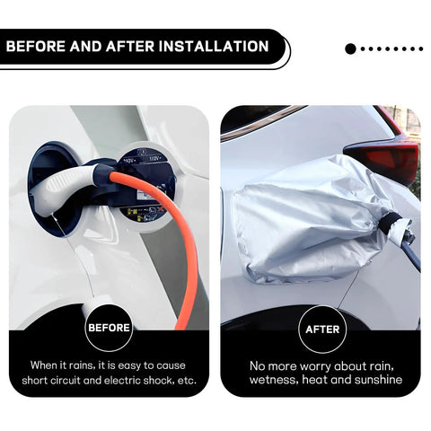 Heavy Duty Universal EV Charger Plug Port Cover, Slick Waterproof Weatherproof Bag For Your Ride, silver cover protecting EV charging port from moisture.