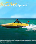 High Speed RC Jet Boat With 2.4GHz Remote Control for Teens and Adults on water, LED lights visible, yellow-black design