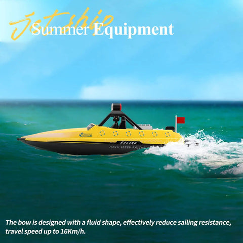 High Speed RC Jet Boat With 2.4GHz Remote Control for Teens and Adults on water, LED lights visible, yellow-black design