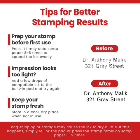 Tips for better stamping results for Self Inking Stamp For Name And Address, XXL Custom Rubber Stamp For Home Office Or Biz Use