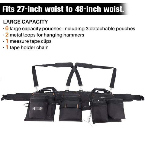 16 Pocket Tool Belt With Suspenders Large Capacity Detachable Pouches And Back Support For Electricians Carpenters Construction Pros Handymen With 2 Hammer Holders And Tape Holder Chain 7 Detachable Components