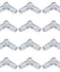 Rock Solid Ninety Degree Three Way Cross Pipe Connector Clamps For Three Quarter Inch Emt Conduit Heavy Duty Galvanized Steel Fasteners, pack of 12, arranged.