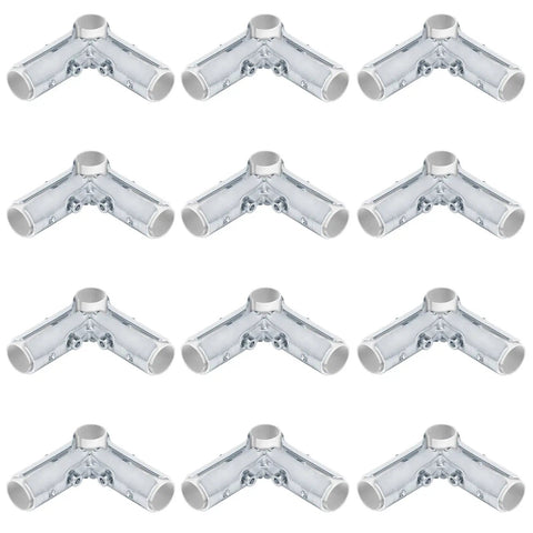 Rock Solid Ninety Degree Three Way Cross Pipe Connector Clamps For Three Quarter Inch Emt Conduit Heavy Duty Galvanized Steel Fasteners, pack of 12, arranged.