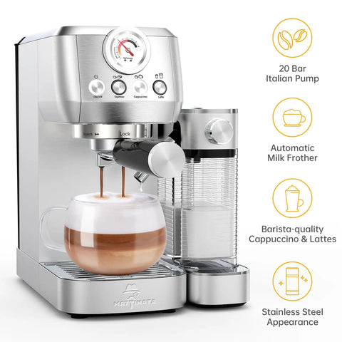Straight Fire Automatic Espresso Machine With Super Fast Heating And Adjustable Milk Frother For Barista Level Cappuccinos And Rich Lattes At Home brewing cappuccino with layered foam in glass cup.