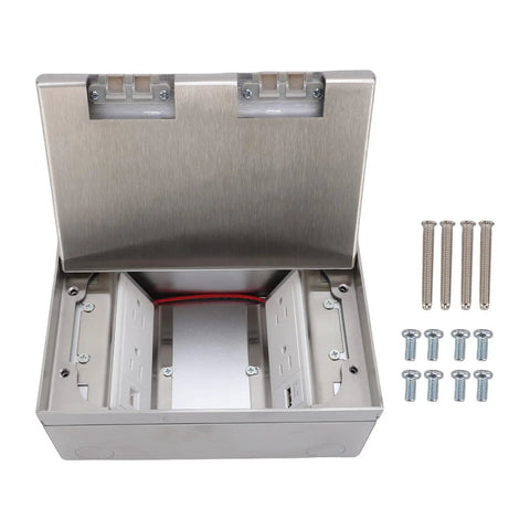 Tough As Nails Recessed Floor Power Outlet Kit with open stainless steel cover and accessories for quick installation.