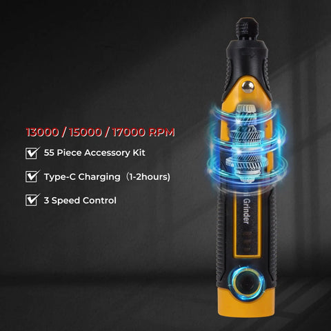 Front view of a Lightweight Cordless 3.6V Rotary Tool Kit With 55 Piece Set, showcasing speed settings and Type-C charging.