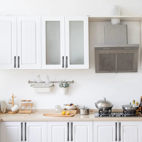 Modern white kitchen with 10 Pack 4 Inch 102mm Matte Black Cabinet Handles on cabinets and drawers