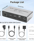 8K 2x2 DP & HDMI KVM Switch package listing with components including cables, power adapter, and user manual.
