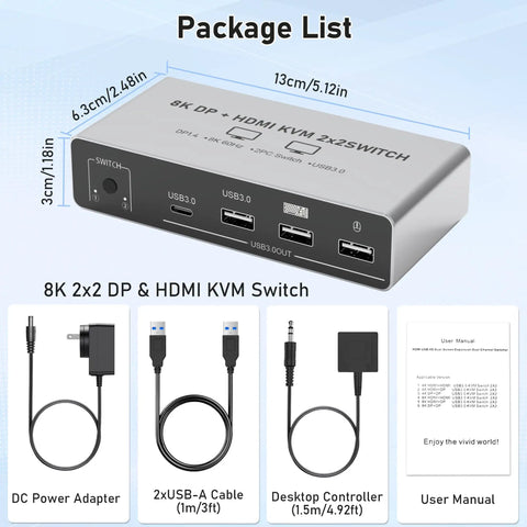 8K 2x2 DP & HDMI KVM Switch package listing with components including cables, power adapter, and user manual.