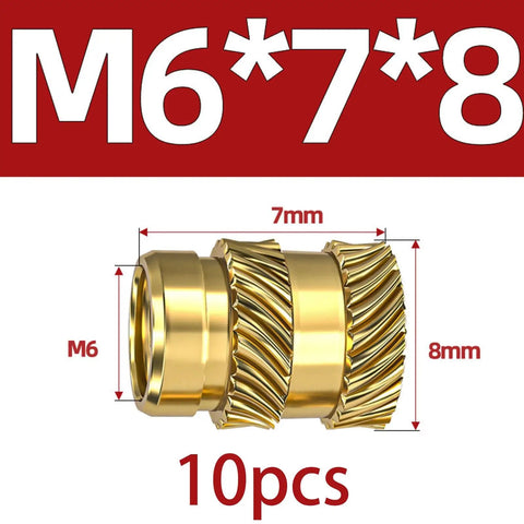 M6 Brass Knurled Threaded Insertion Nuts For Plastic Molding And 3D Printing Heat Set Embedded Nuts Kit, 7mm x 8mm dimensions