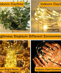 Six Pack Battery Operated Fairy Lights With Remote And Timer showcasing different settings indoors and outdoors environments