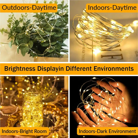 Six Pack Battery Operated Fairy Lights With Remote And Timer showcasing different settings indoors and outdoors environments
