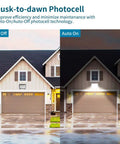 2-Pack 150W LED Wall Pack Light With Photocell at dusk illustrating auto on-off function on house facades