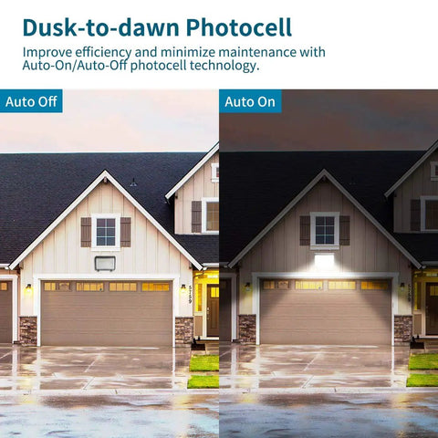2-Pack 150W LED Wall Pack Light With Photocell at dusk illustrating auto on-off function on house facades