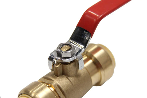 Close-up of a 1/2 inch push-fit full port ball valve for potable water, hydronic systems, PEX CPVC copper with red handle.